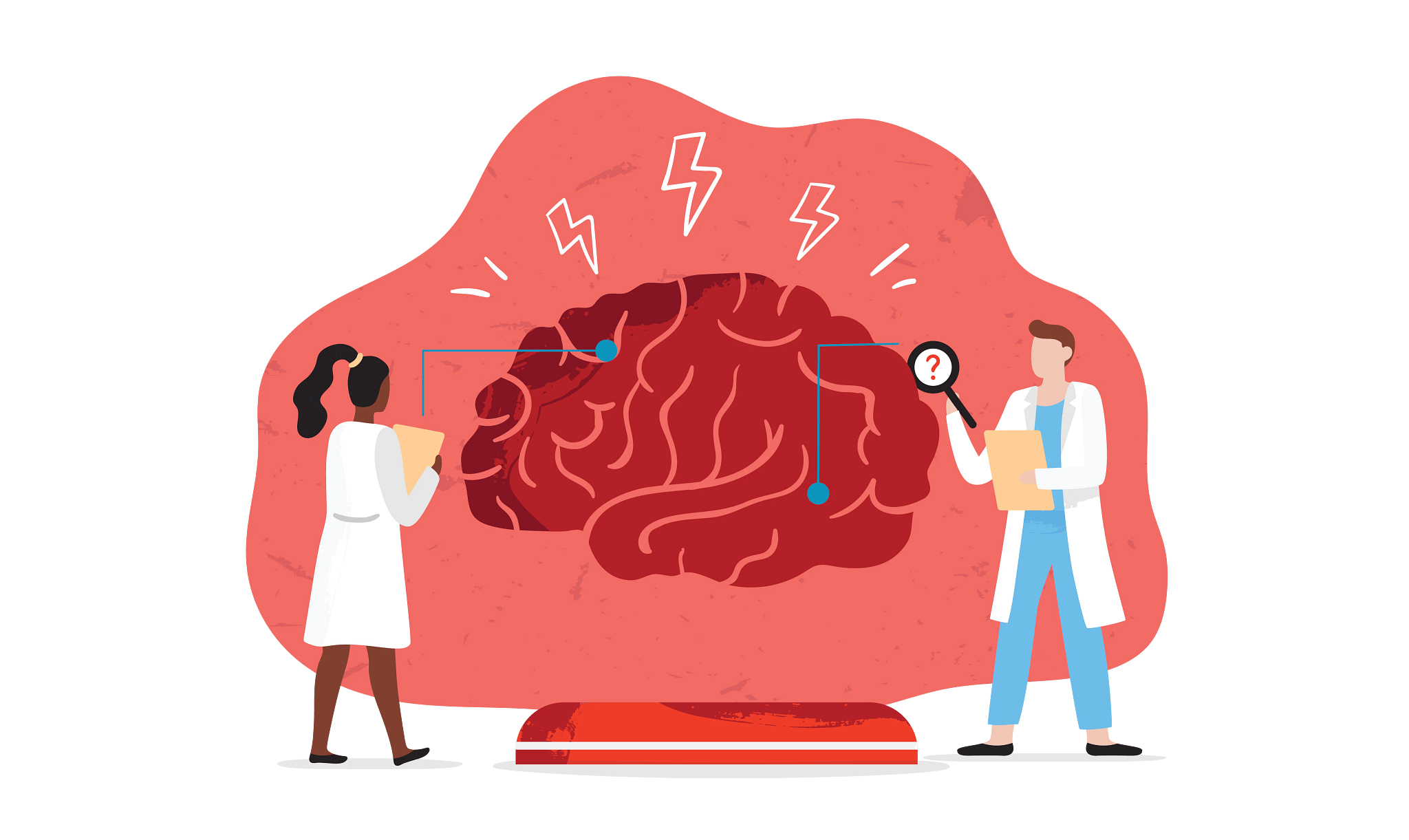 illustration of brain with two scientists examining it illustration of brain with two scientists examining it