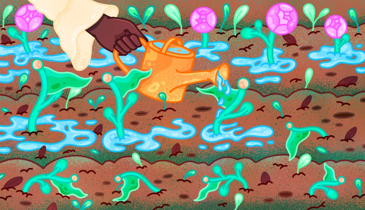 illustration of woman watering garden of green flags