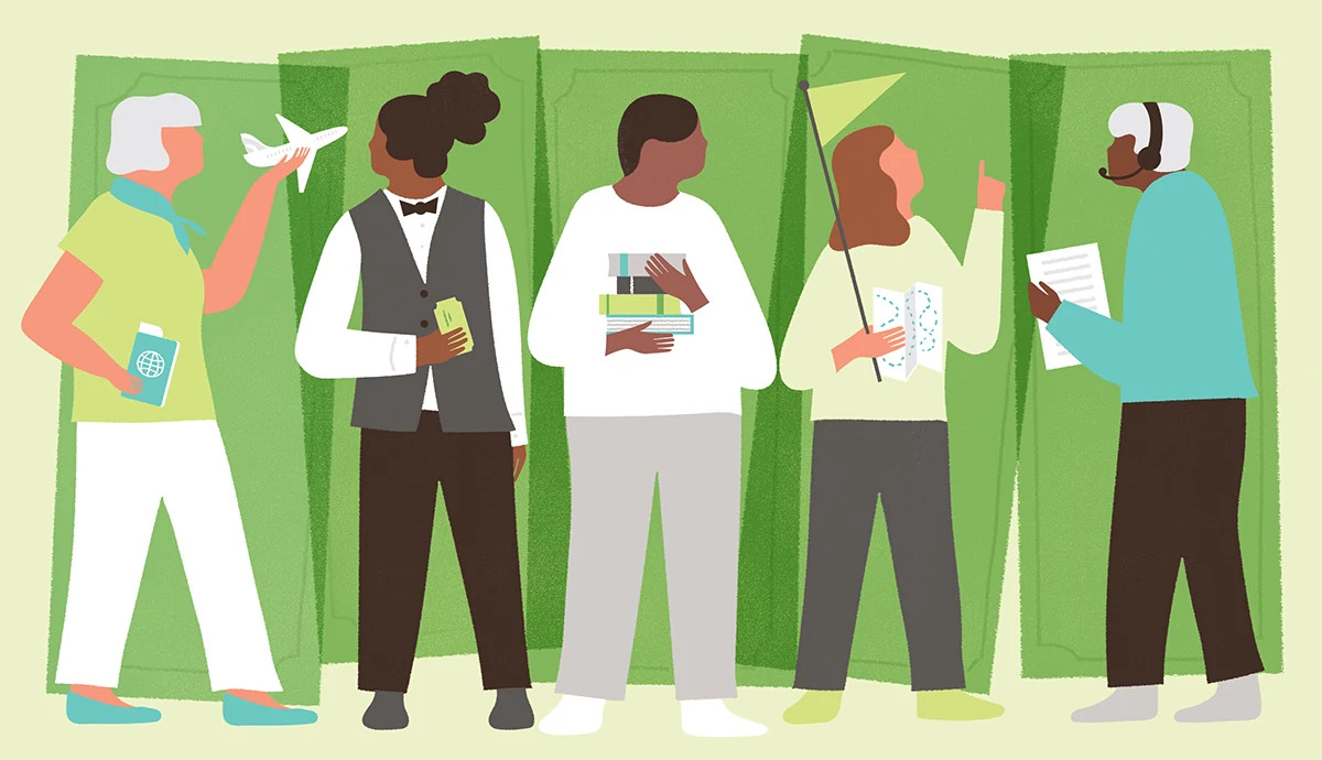 various workers standing together against a green backround