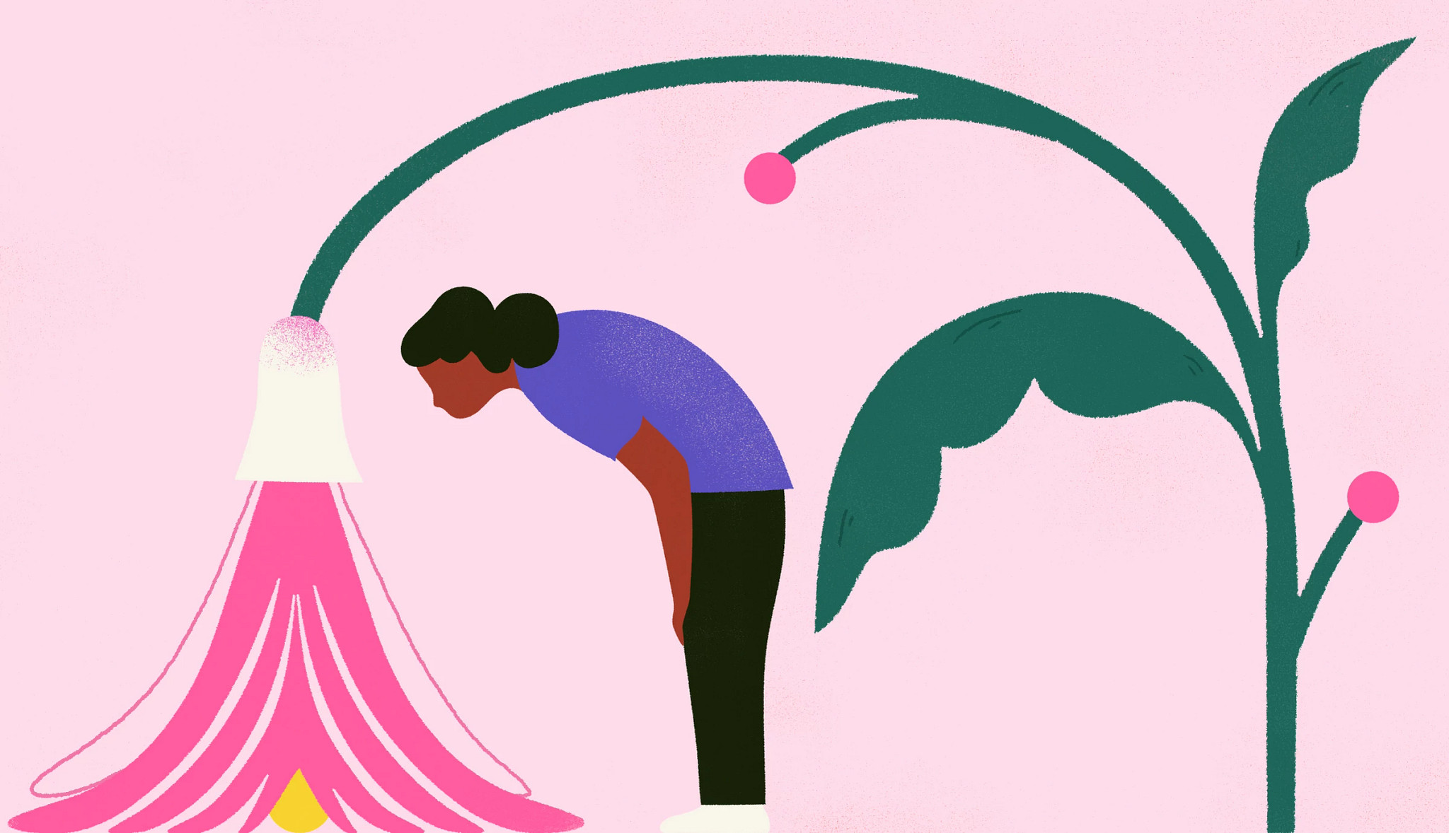 Illustration of a stylized person bending forward beside a blooming plant releasing heat-like shapes, symbolizing menopause symptoms