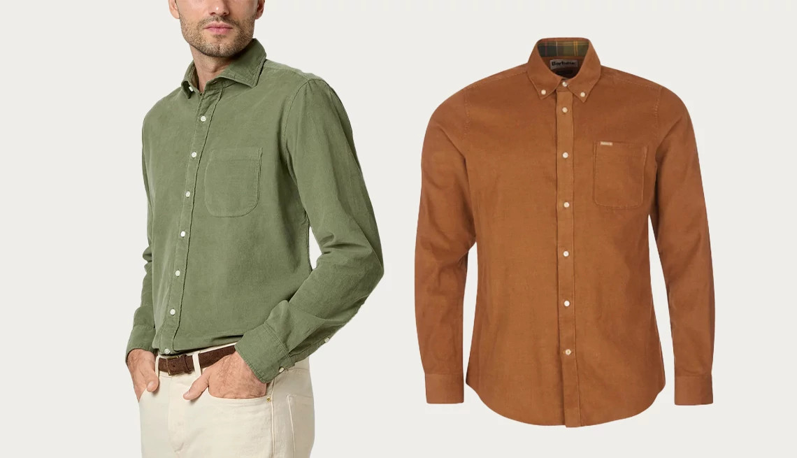 two long sleeved corduroy shirts, one sage green and one brown