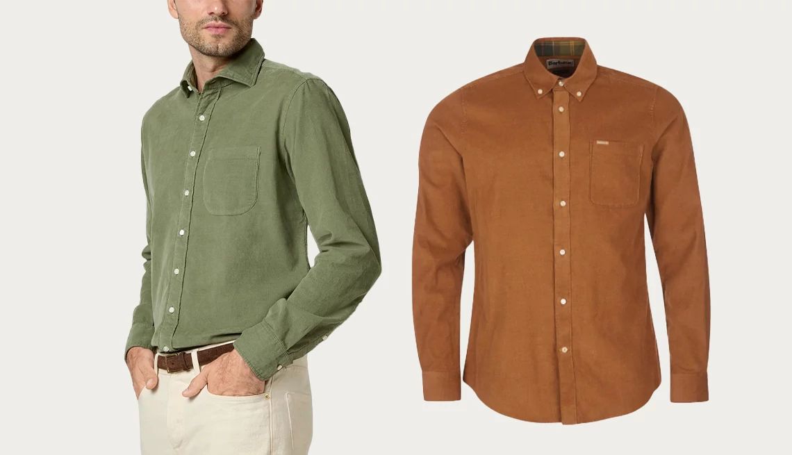 Corduroy shirts for men two long sleeved corduroy shirts, one sage green and one brown