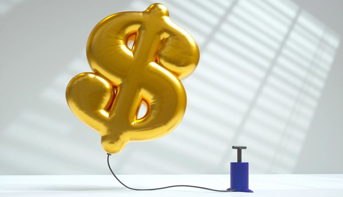 Gold Buying Mistakes a golden air balloon in shape of dollar sign inflated using pump and flying up on white background