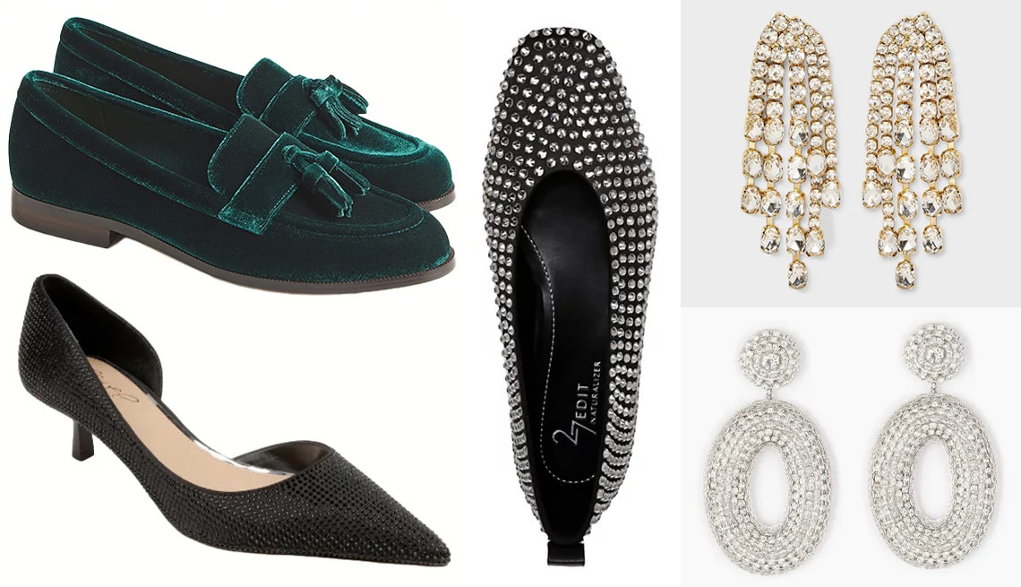 a collage with sparkly shoes and accessories