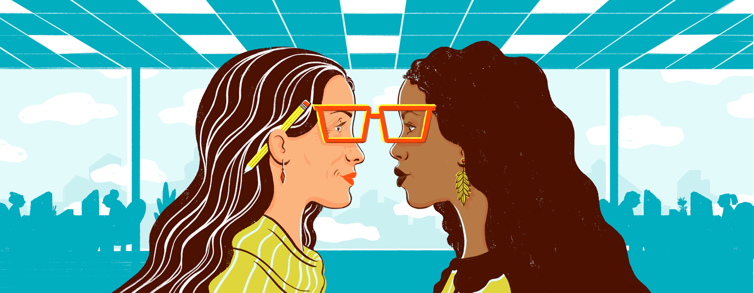 illustration of women face to face at work and one being younger