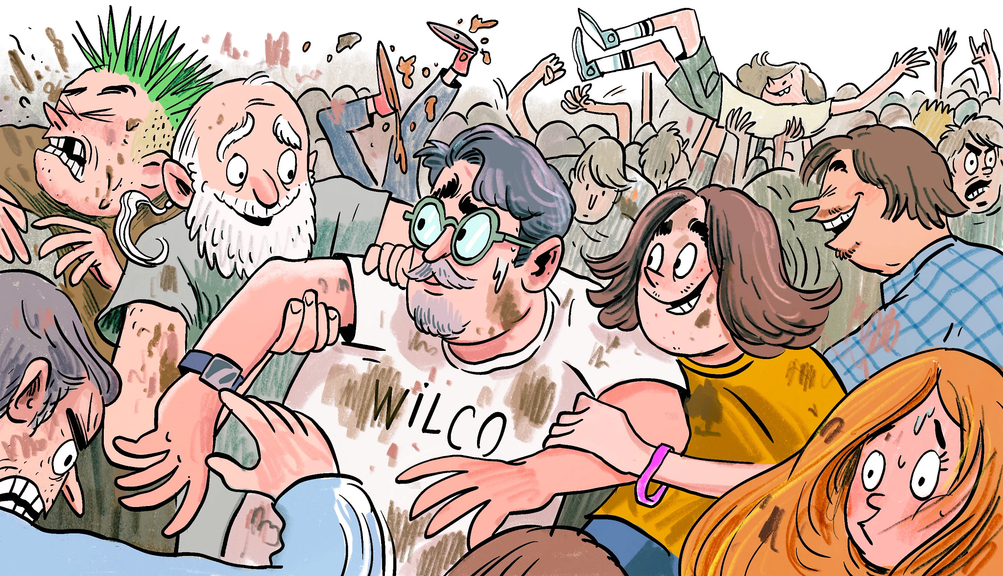 A full mosh pit at an outdoor music festival. Writer Eric Spitznagel, in a Wilco shirt, tries to hold his own
