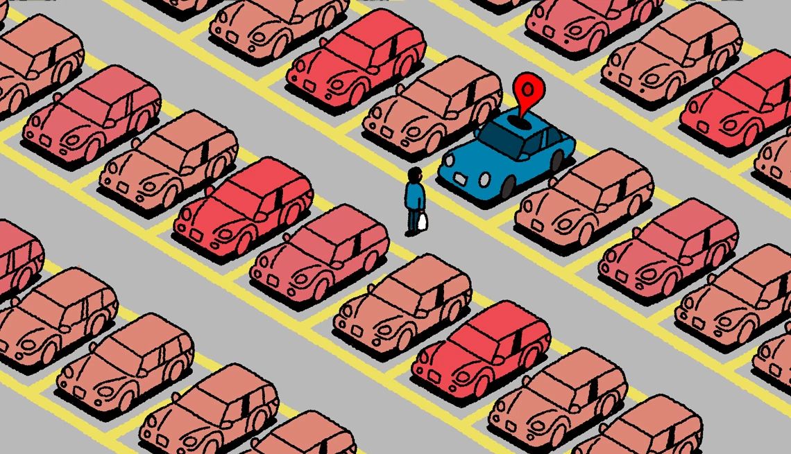 Finding your car a person is standing in a parking lot surrounded by cars