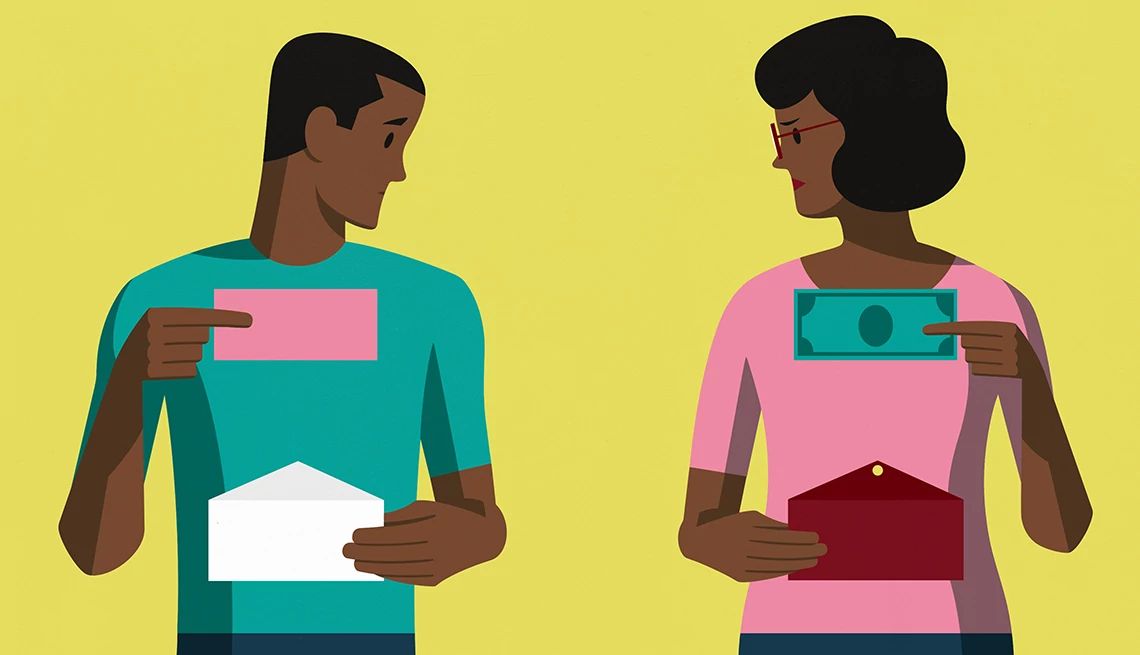 Mom doesn’t have enough cash to share A son and his mother glance sideways at each other; the son has an envelope without money but the mother has cash in her envelope
