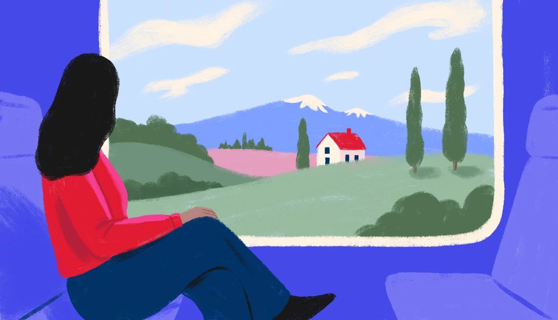 Letter to My Younger Self a woman sits on a train, looking out the window