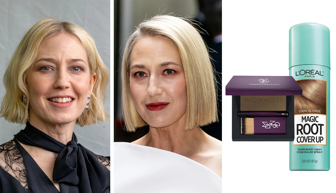 a collage with two images of carrie coon and hair products