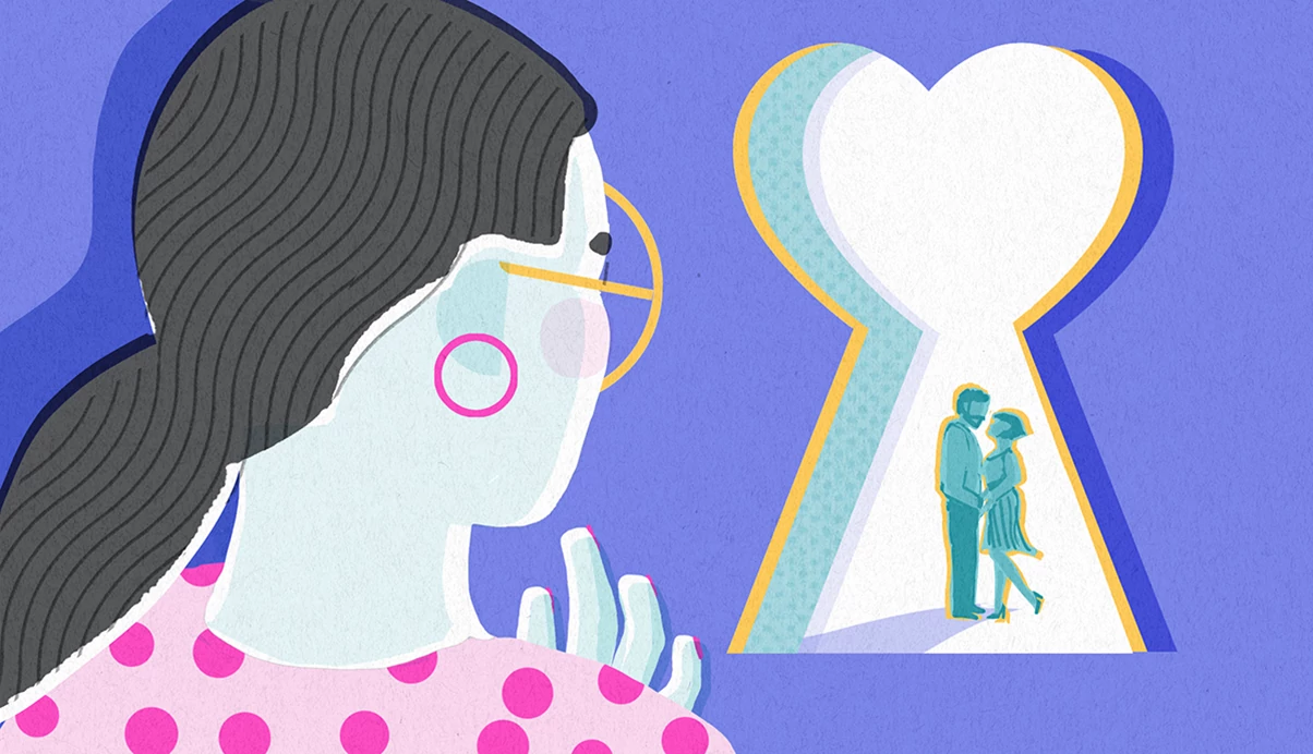 Illustration of a woman looking through a heart-shaped keyhole, where a cheating couple stands together on the other side