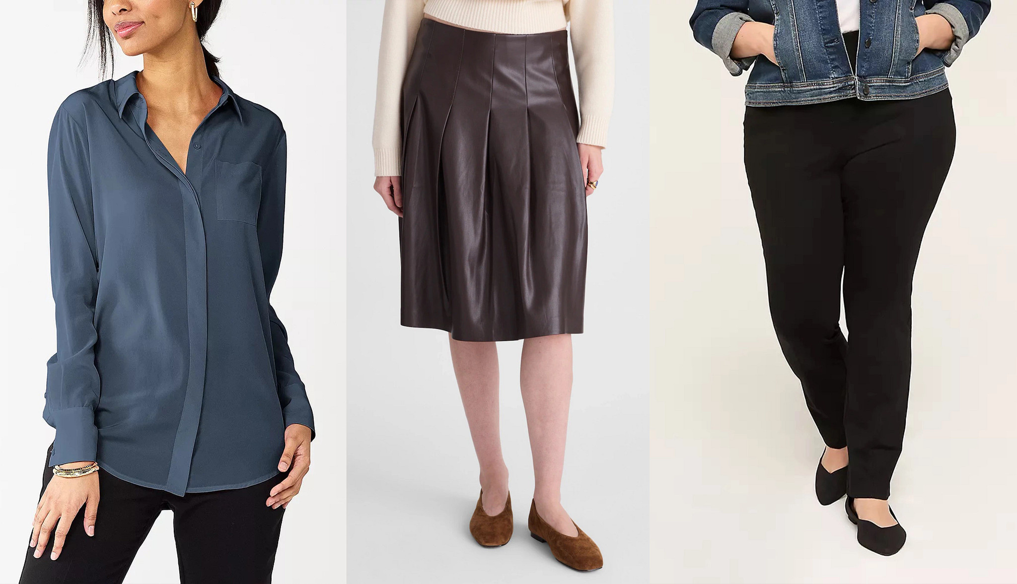 a collage with models wearing a blue button down shirt, a pleated leather skirt and a pair of fitted black trousers