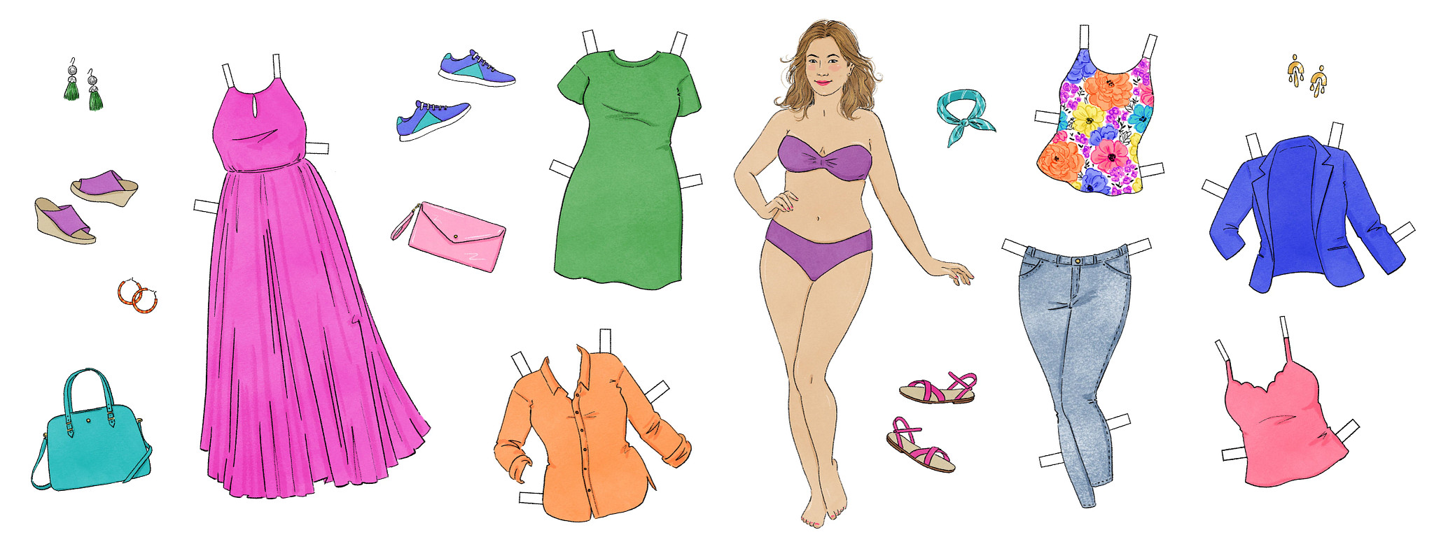 A graphic of a woman surrounded by various pieces of clothing.