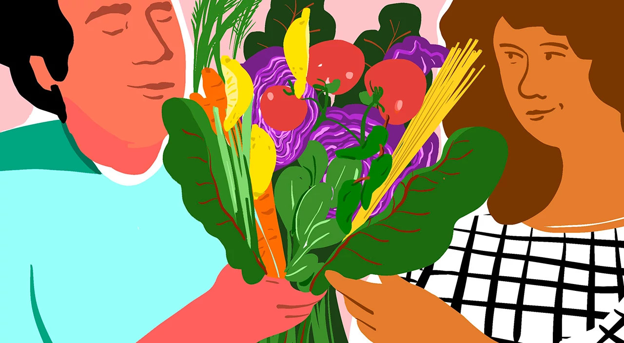 illustration of woman and man holding a bouquet of vegetables, falling in love, couple story, love