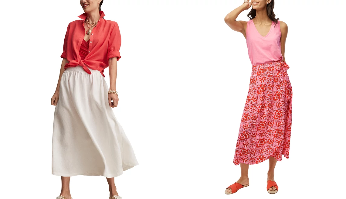 Waist and belly Chico’s Linen A-Line Midi Skirt in Alabaster; J. Crew Factory Wrap Midi Skirt in Azalea Belvedere Red