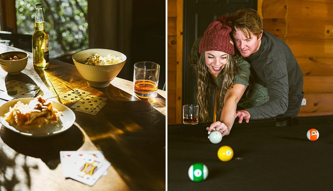 include games left: cards along with food on a table; right: a couple playing pool