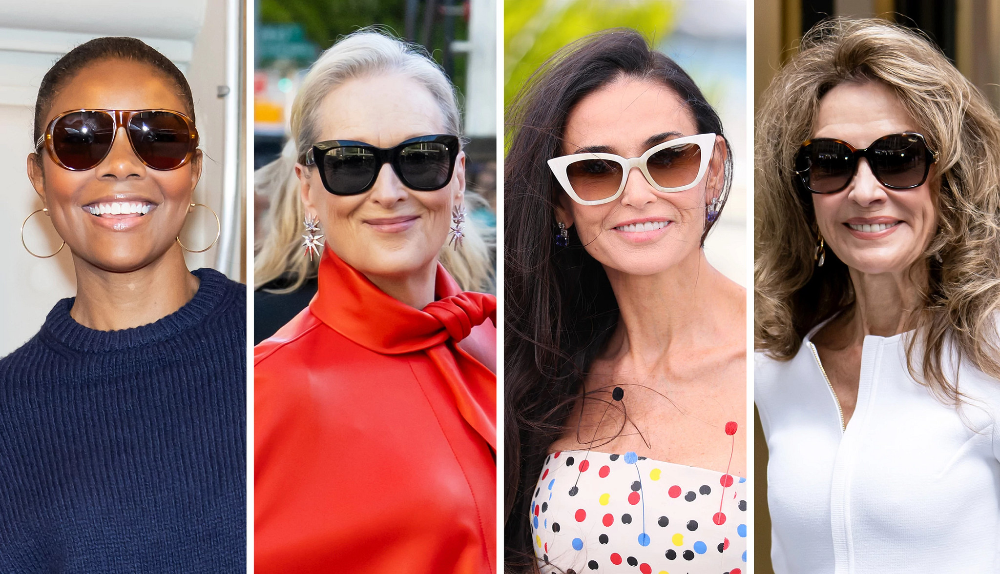 a collage of photos of gabrielle union-wade, meryl streep, demi moore and susan lucci, all wearing stylish sunglasses