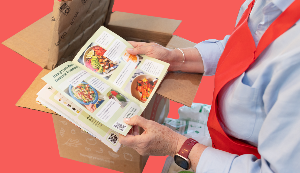 Hungryroot meal kit components, box and recipe card on display