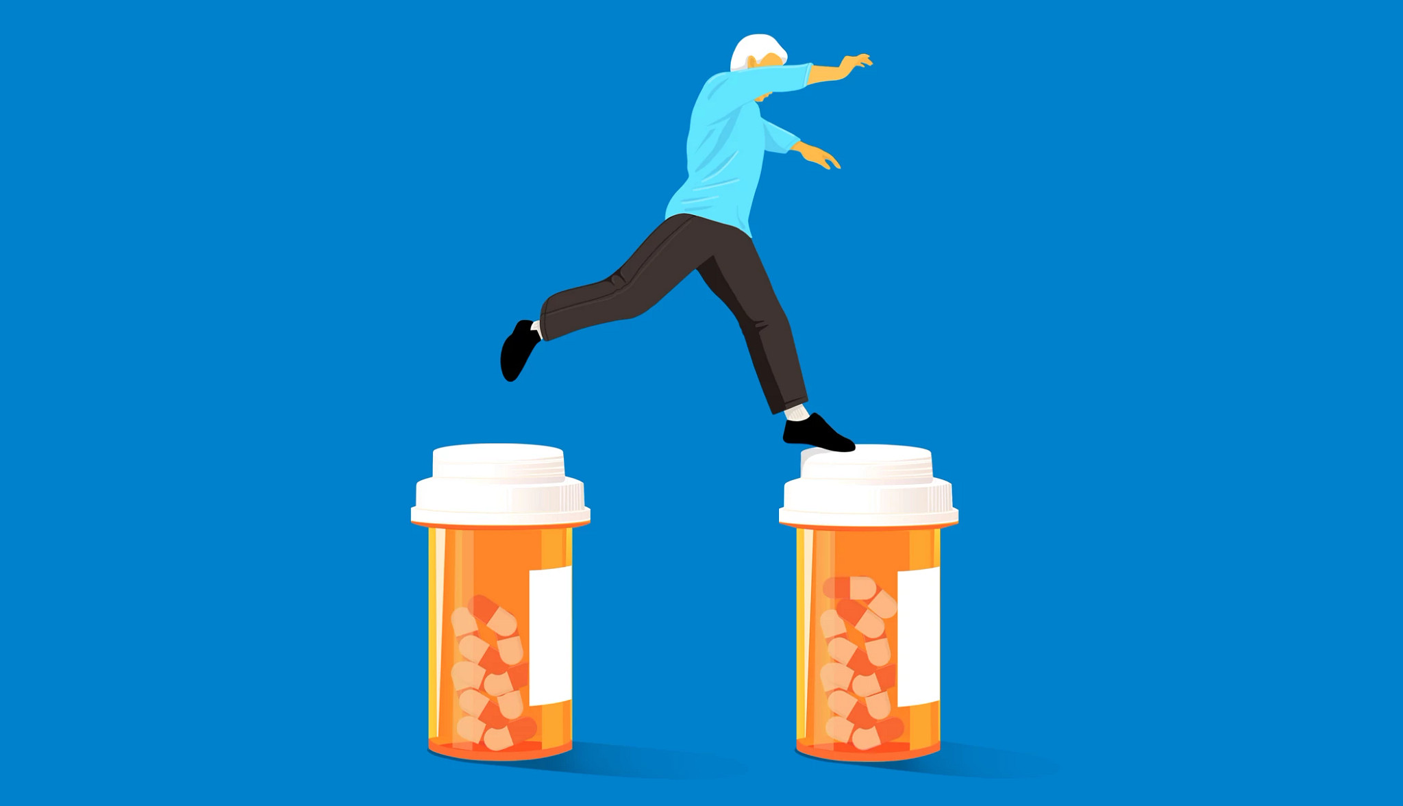 An illustration of a white-haired person stepping or leaping from the top of one prescription pill bottle to another against a blue background.