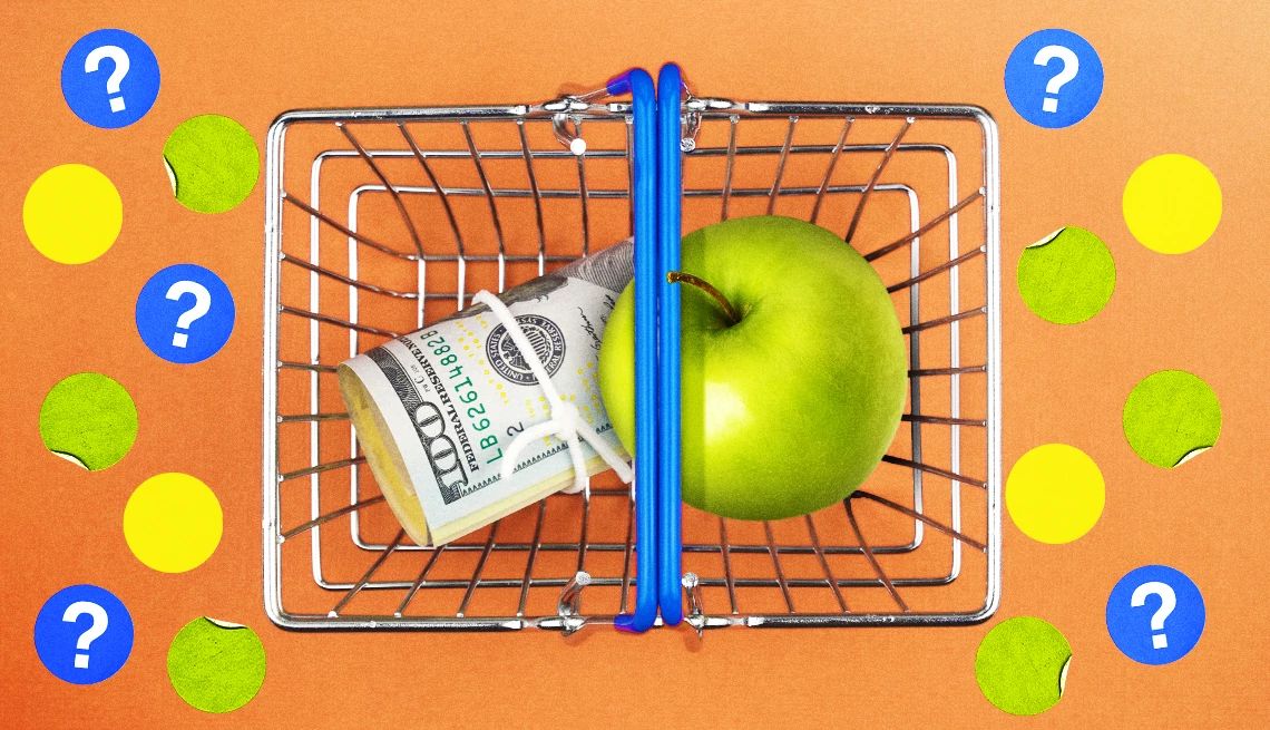 Will You Bag a High Score on Our Grocery Shopping Quiz? a shopping cart with money and an apple inside