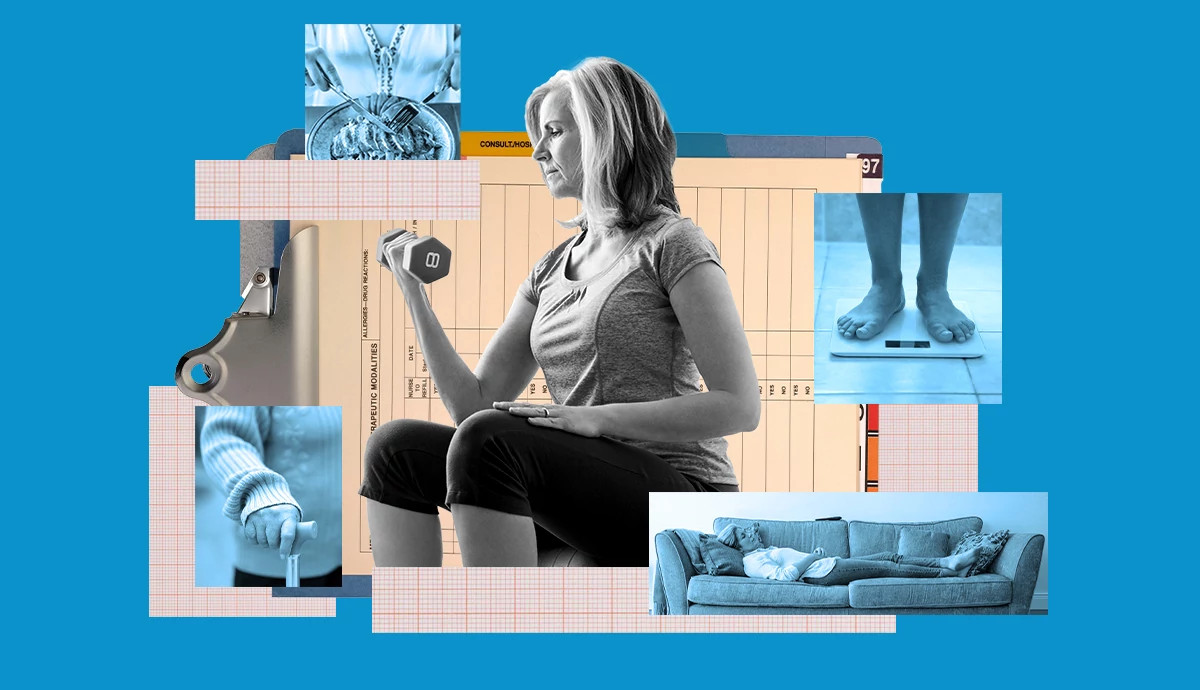 An older woman lifts a small dumbbell against a blue background surrounded by photo cutouts of a meal, scale, cane, and person lying down.