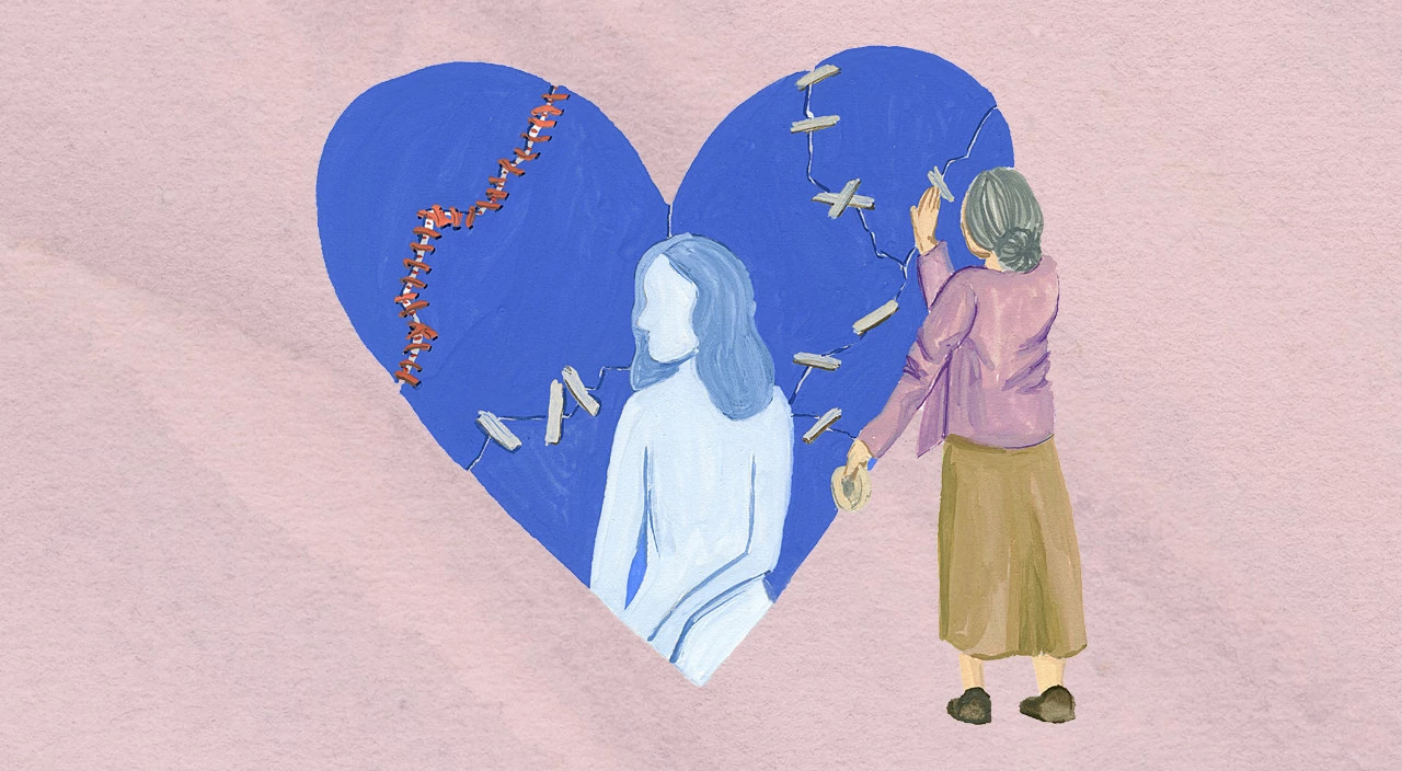 illustration of woman piecing together a broken heart