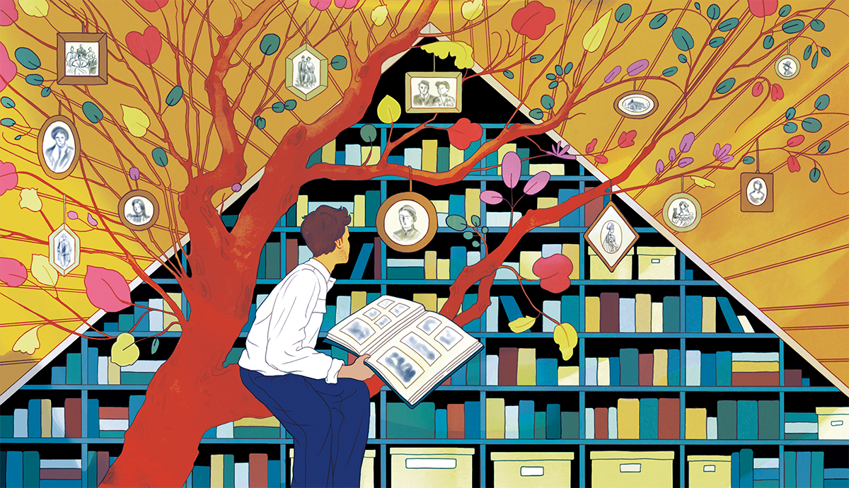 an illustration shows a man looking at an open book. He’s in front of a tree with old family photos hanging from its branches and a bookcase shaped like a pyramid