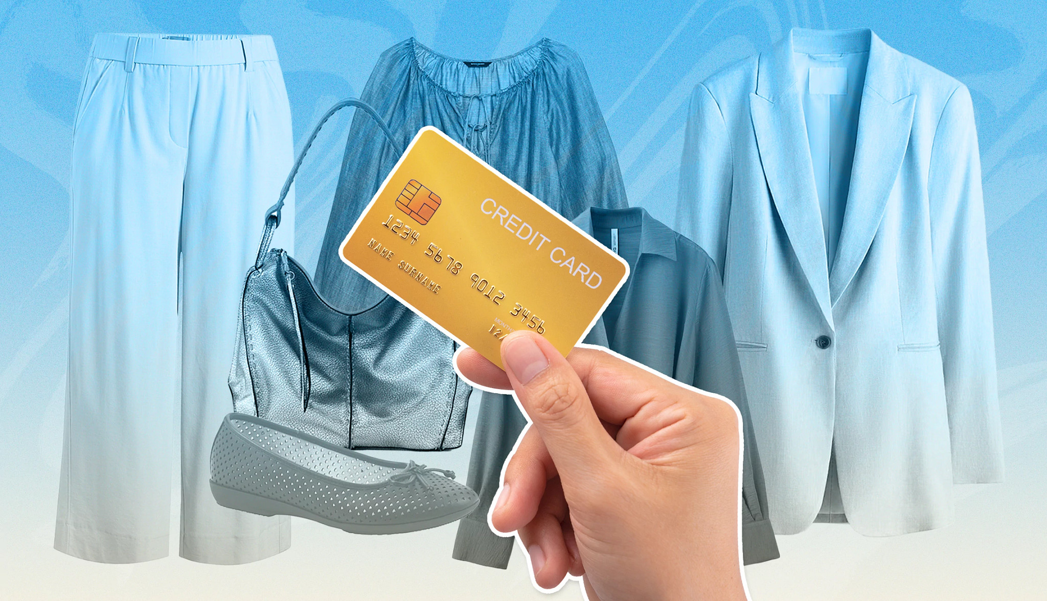 a hand holding a credit card in front of a selection of clothing items and accessories