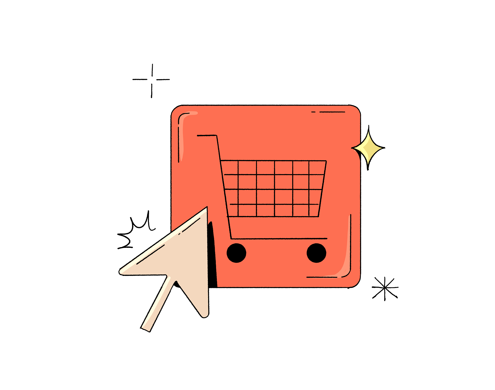 A computer mouse pointer hovers over a shopping cart icon