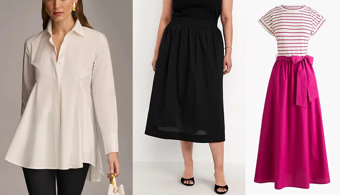 people modeling outfits that add volume below the waistline