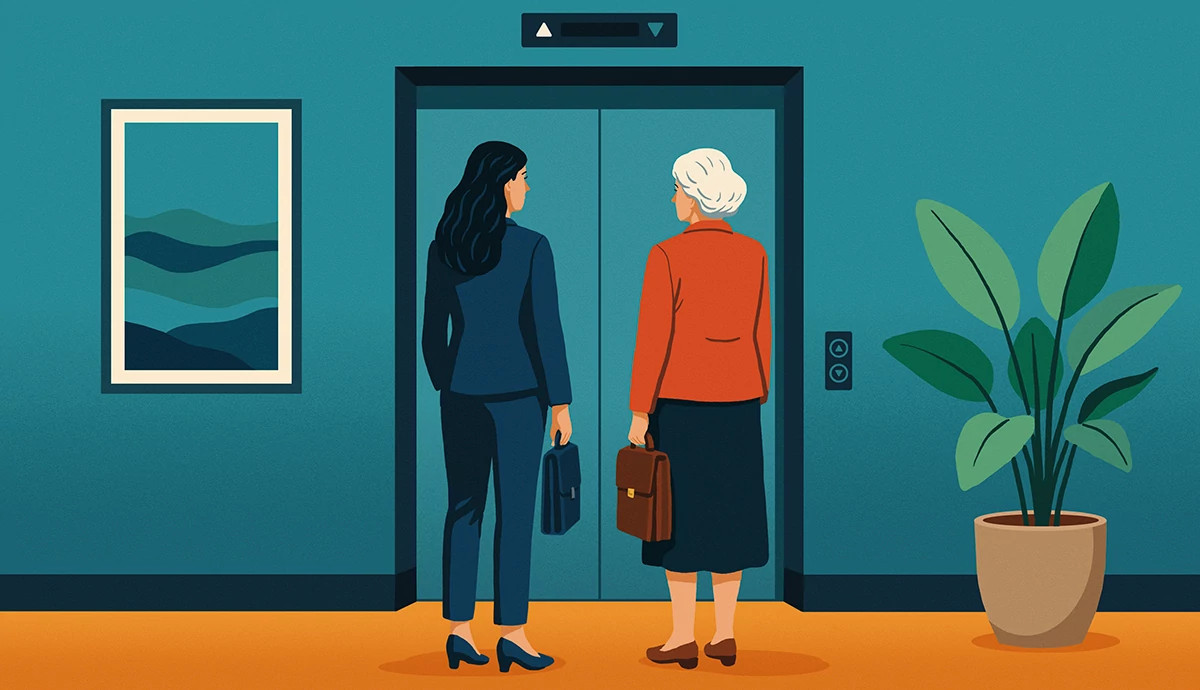an illustration of two businesswomen standing at an eleveator door