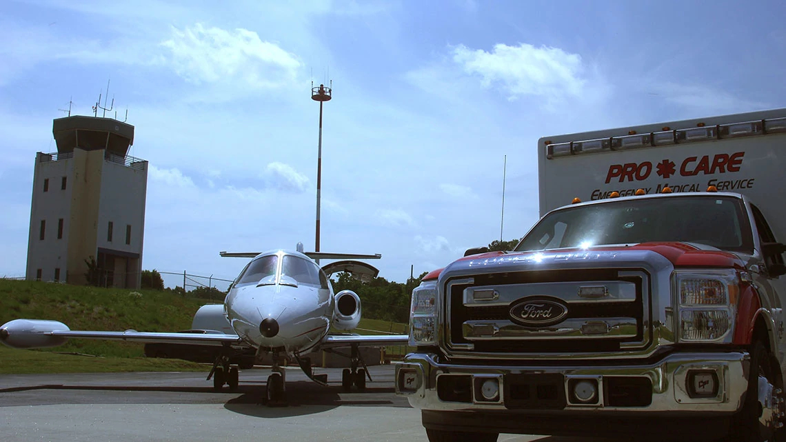 Air medical transport next to ambulance 