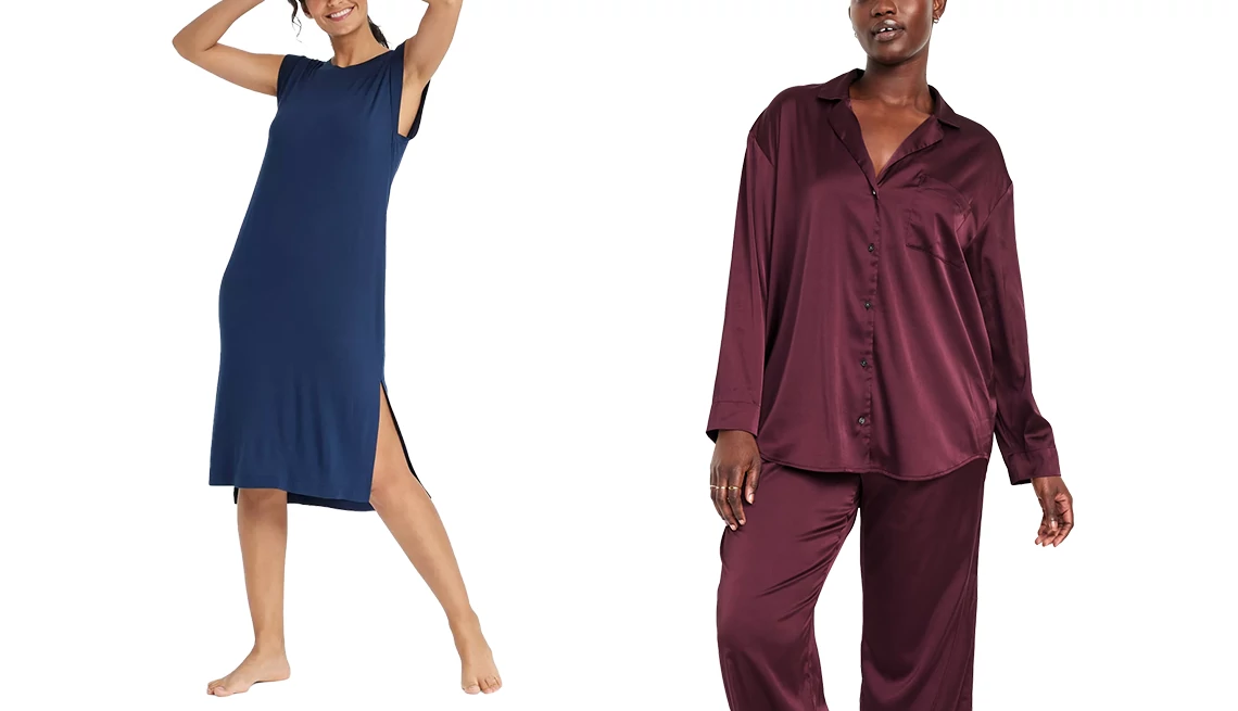 Auden Women’s Cloud Knit Tank Dress in Navy Blue; Old Navy Satin Pajama Pant Set in Cherry Bark