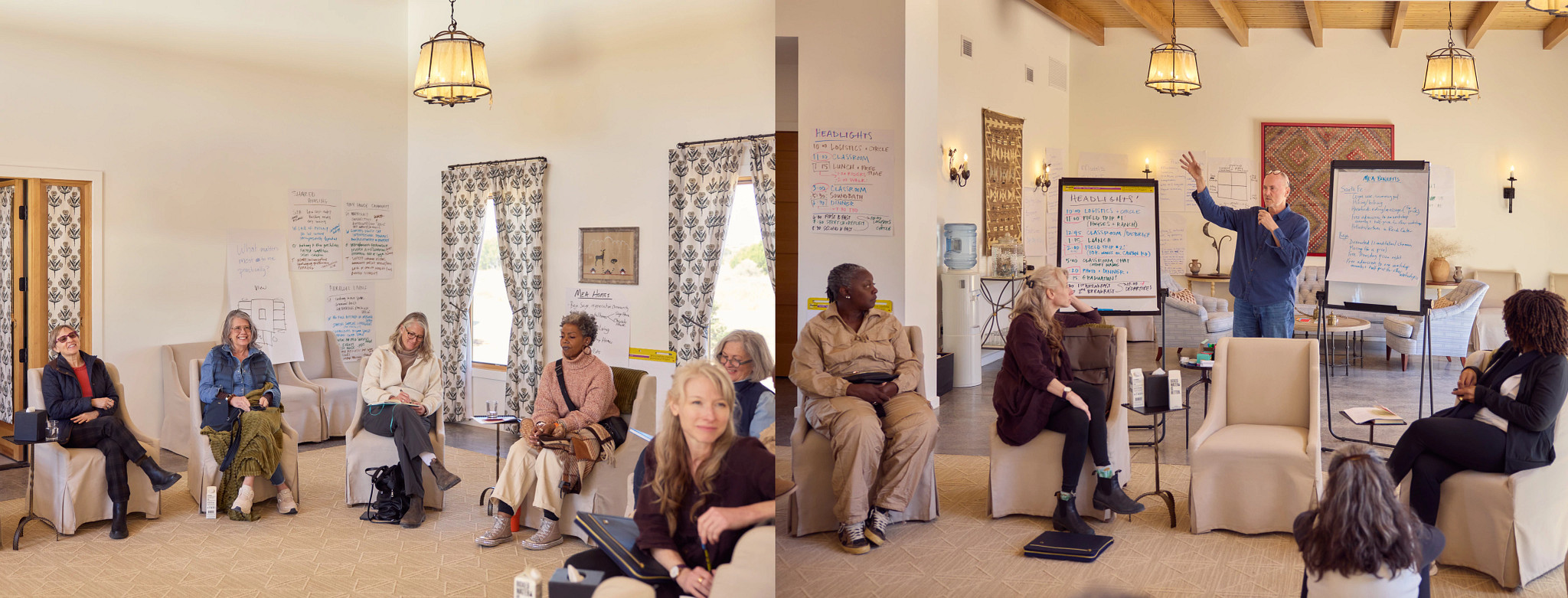 Two frames are combined into one photo. On the left is a classroom discussion at MEA's Golden Girls workshop. On the right, Chip Conley discusses the itinerary