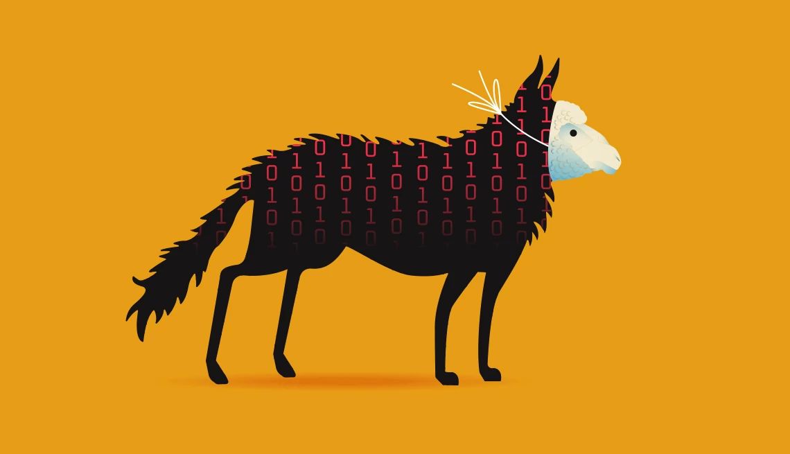 Impostor Scams a black wolf wearing a sheep mask on a yellow background