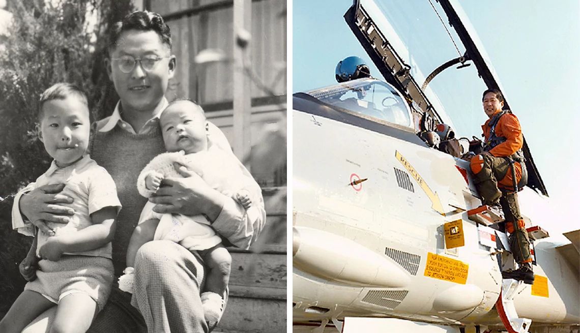 Left, young toki and nori smile for a photo with their father. Right, nori gets into a plane before a military mission.
