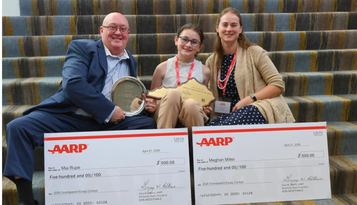 Hero image with Allen Clark (grandfather), Mia Rupe (essay winner), Megan Miller (%th Grade Teacher)