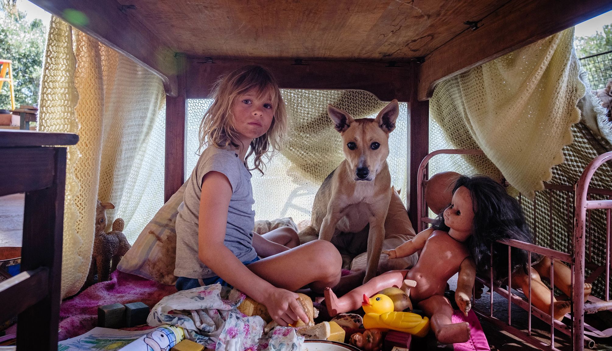Don't Let's Go to the Dogs Tonight A young girl, a dog and a doll all under a partially covered table in a scene from the film Don't Let's Go to the Dogs Tonight