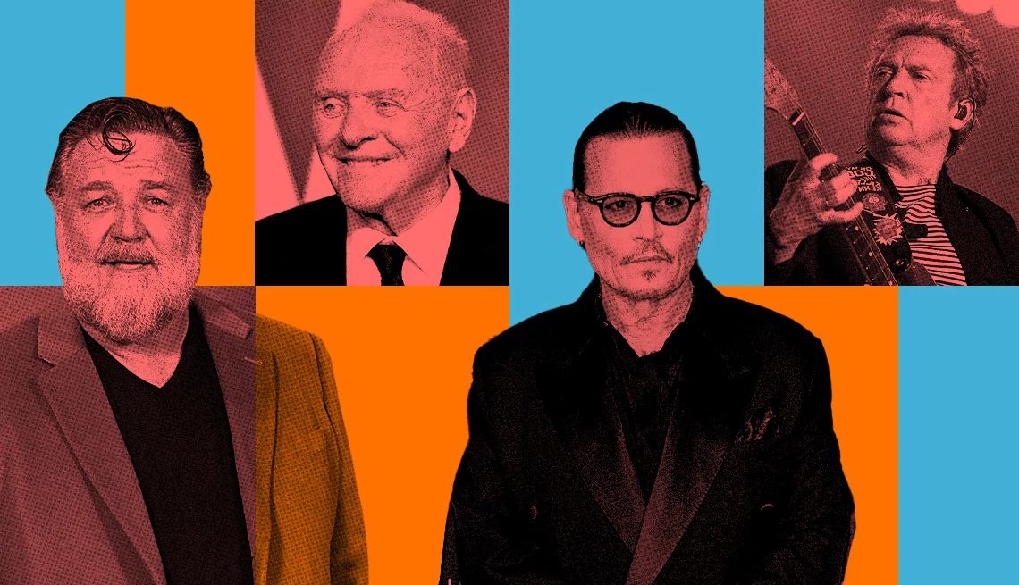 Russell Crowe, Anthony Hopkins, Johnny Depp and Andy Summers Russell Crowe, Anthony Hopkins, Johnny Depp and Andy Summers on an orange and blue background