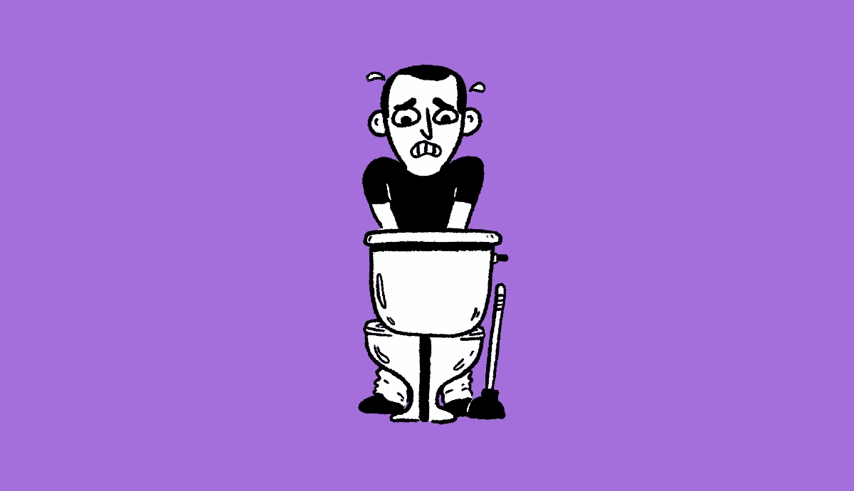illustration on a purple background shows an older adult man with an anxious expression, standing over an open toilet while leaning forward in discomfort