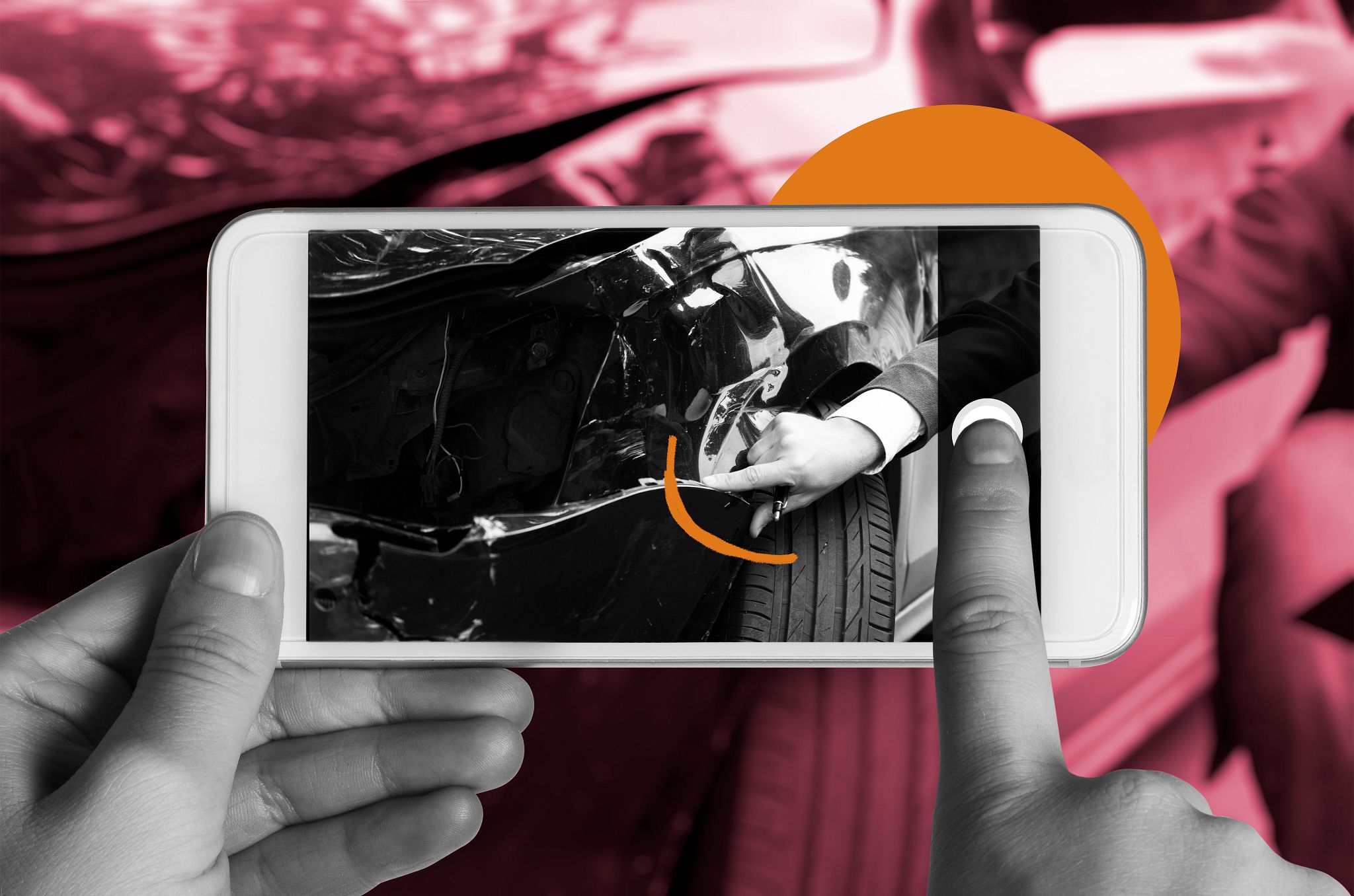 Car Accident Aftermath An illustration shows someone documenting the scene of an accident with a cell phone camera