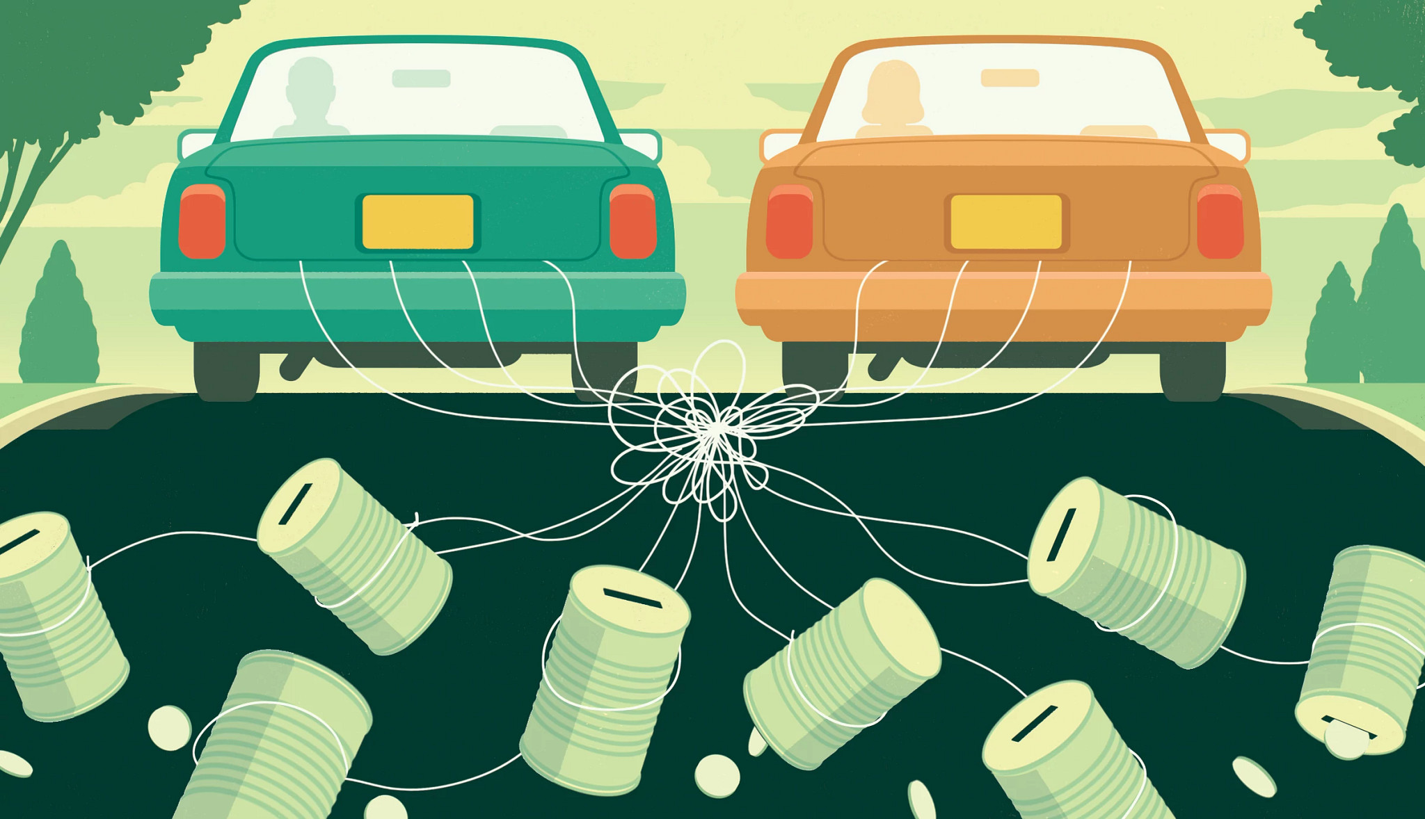 Two cars drive away, dragging tangled up tin cans tied to the cars with strings.