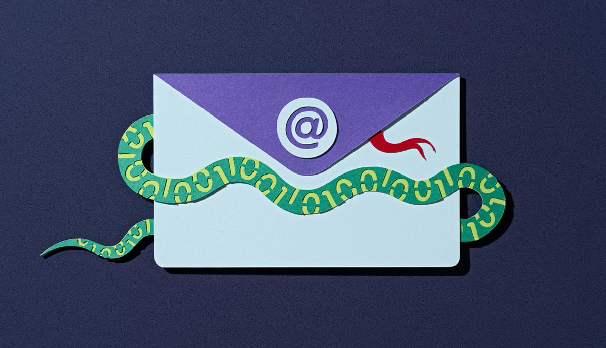 A snake patterned with letters and numbers wraps around an email icon.