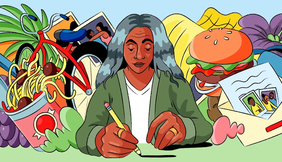 How to write a memoir Illustration of a woman writing with all sorts of objects behind her, including spaghetti and meatballs, a bicycle, photos and a hamburger