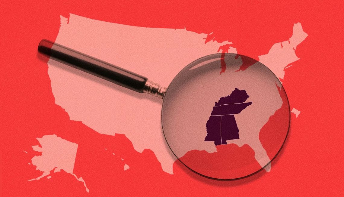 Kentucky, Tennessee, Alabama and Mississippi are the states in the region with the highest dementia risk A map of the United States with a magnifying glass focusing on the states of Kentucky, Tennessee, Alabama and Mississippi