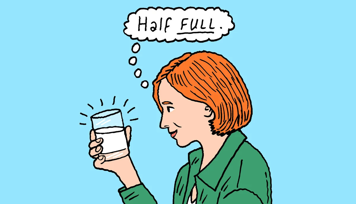 Cartoon illustration of a woman seeing glass half full