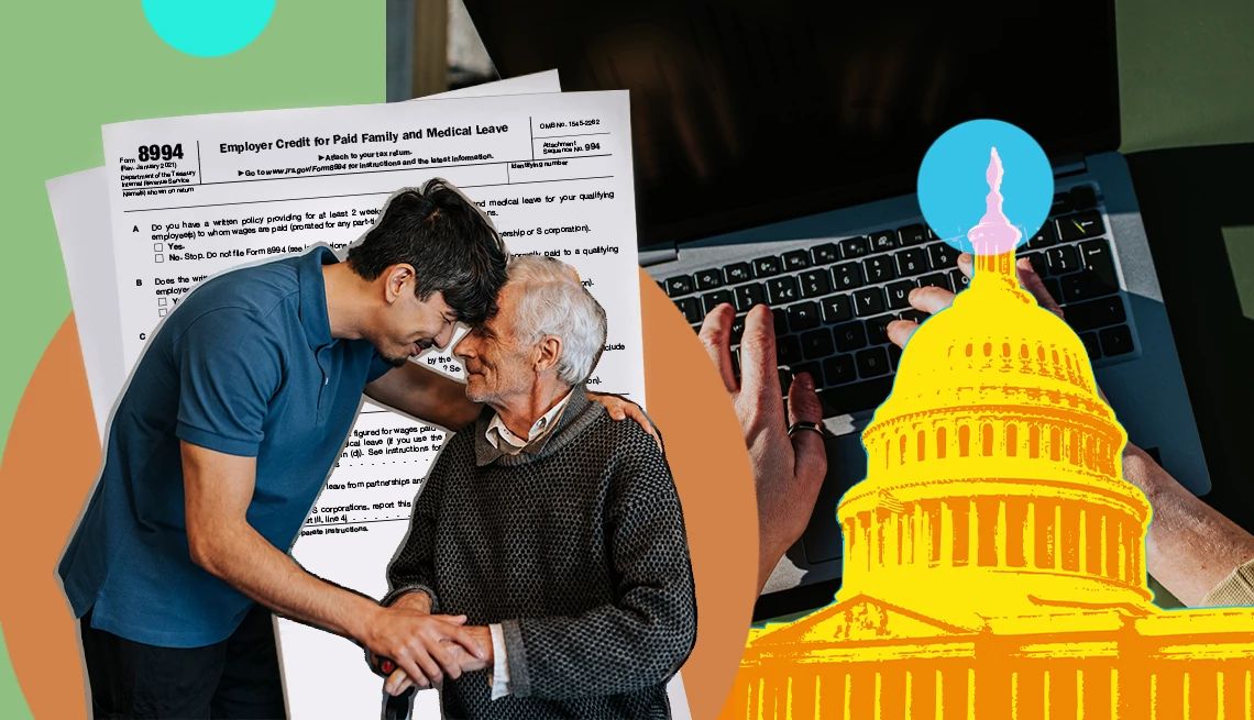 What the New Paid Family and Medical Leave Tax Credit Means for You two people with their heads resting on each other with paper work and the captiol building behind them