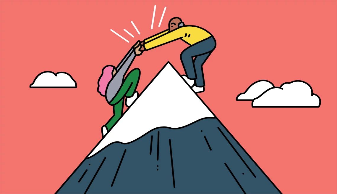 Use the buddy system Illustration of man pulling woman up mountain