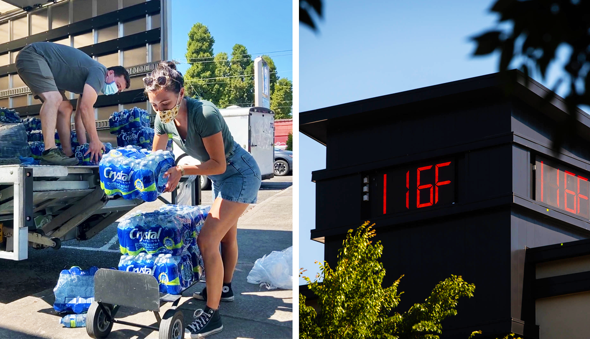 Top: Portland residents take shelter in a cooling center during a heat wave in 2021. Bottom left: Volunteers unload cases of water. Bottom right: Temperatures in Portland reached 116 degrees Fahrenheit.
