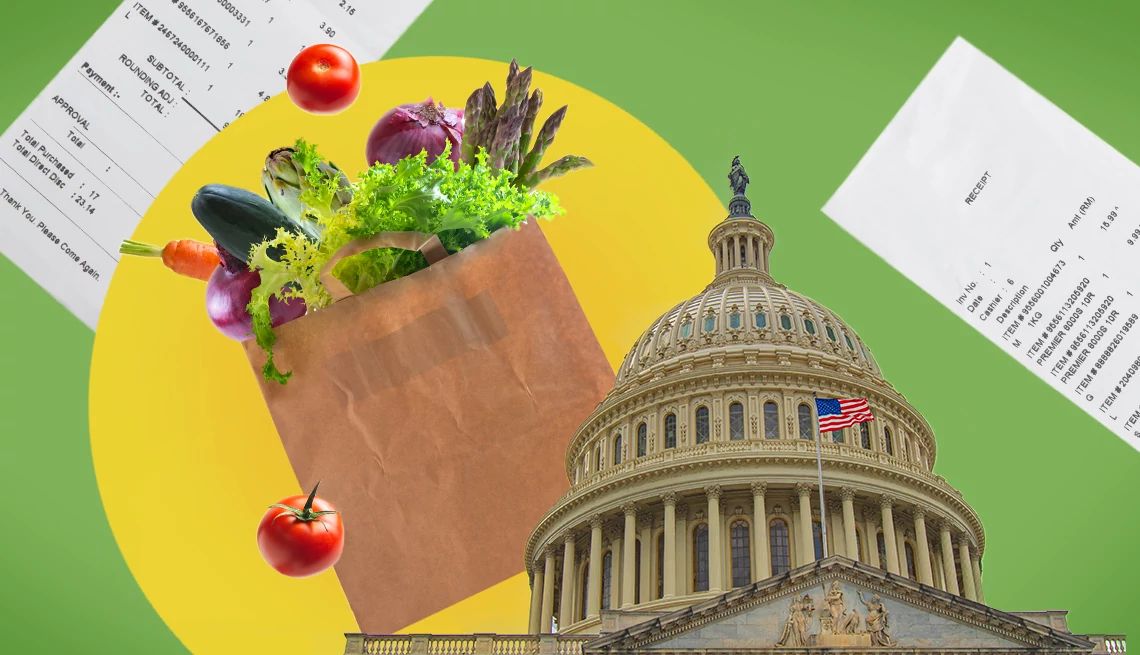 How a Government Shutdown Could Impact Food Assistance the capitol with a bag of food and receipts